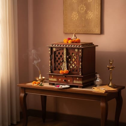 Wooden Indian Mandir With Brass Fitting Side Wall Hanging Hindu Temple Decor