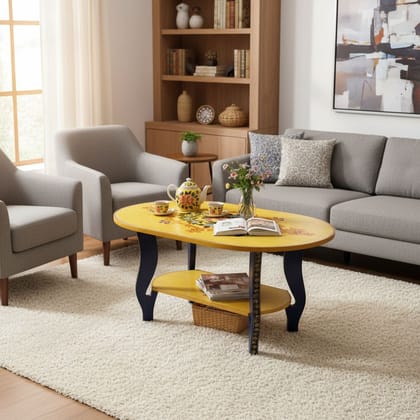 Hand-Painted Oval Two-Tier Yellow Coffee Table with Floral Design