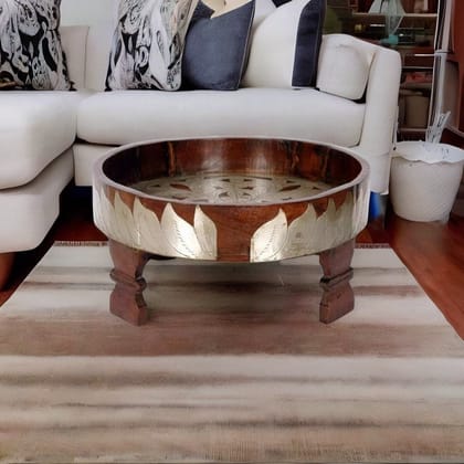 Wooden Indian Art Style Carved Antique Coffee Table | Brass Fitted Grinder Stool for Home Decor
