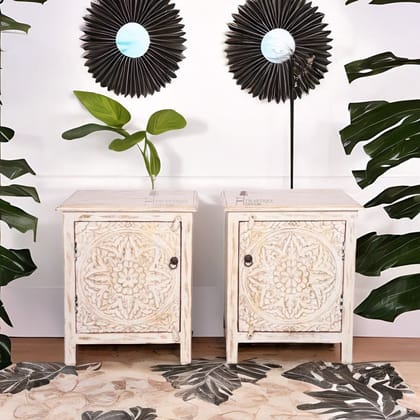 Wood Beautiful Carved Distressed Bedside Wooden Cabinet Storage
