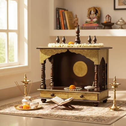 BAANMATA INTERNATIONAL Handicraft Wall-Temple, Brass Embossed Wooden Temple, Pooja-Room Mandir, Drawer-Temple (Size-18 x 9 x 22 inch)