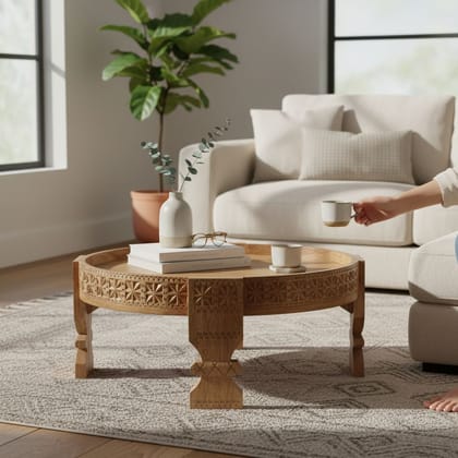 BAANMATA INTERNATIONAL Drawing-Room Decors Brass Embossed Handicraft Round Coffee Table Cum Gathering-Table,Wooden Carved Lamp-Table,Multipurpose Showpiece Chakki-Table for Home/Office