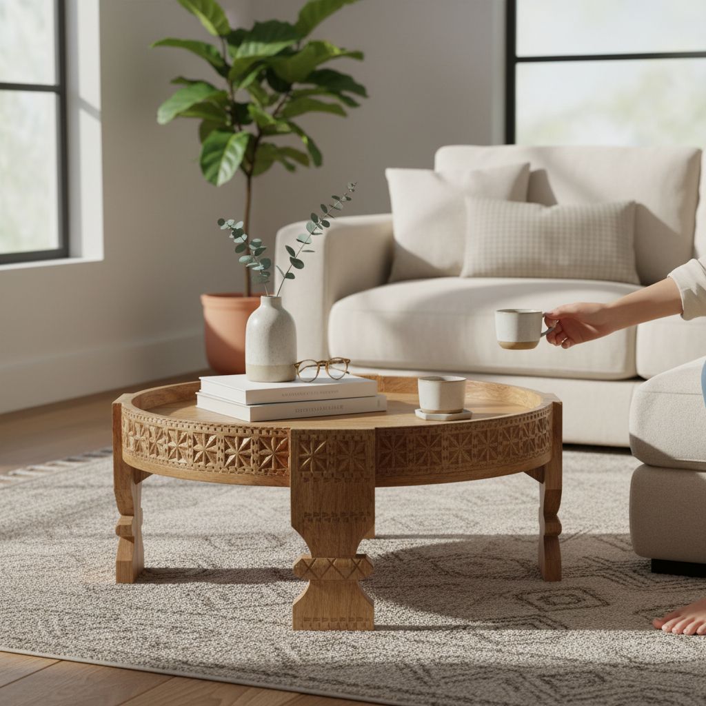 BAANMATA INTERNATIONAL Drawing-Room Decors Brass Embossed Handicraft Round Coffee Table Cum Gathering-Table,Wooden Carved Lamp-Table,Multipurpose Showpiece Chakki-Table for Home/Office