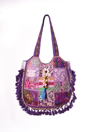 Rajasthani Patchwork Tote Bag, Handcrafted Purple Boho Chic-Cross Body Hand Bag For Women