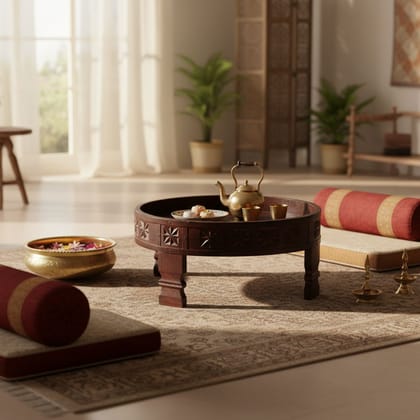 BAANMATA INTERNATIONAL Drawing-Room Decors Handicraft Natural-Brown Coffee Table,Wooden Carved Grinder Table,Multipurpose Chakki Table for Home/Office
