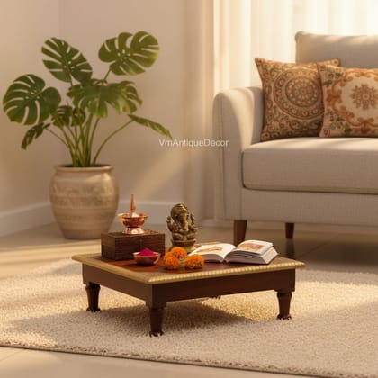 Indian Handmade Wooden Chowki Table Brown Brass