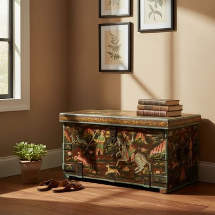 Handicraft Storage Trunk Box, Royal Painted Dowry Box, Wooden Blanket Box, Home Decors Lamp-Table