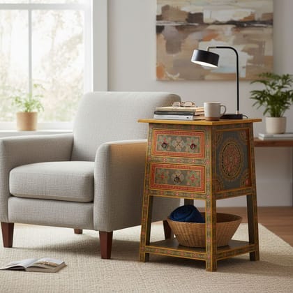 Wooden Handpainted Bedside With Desk Drawer Side