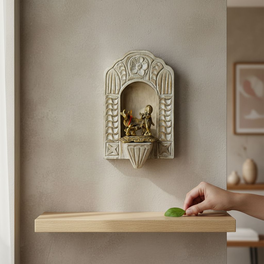 BAANMATA INTERNATIONAL Handicraft Carved Pooja-Stand Jharokha,God-Statue Stand Wooden Wall-Jharokha,Home Living Pooja-Room Decors Jharokha