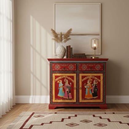 Hand-Painted Red Wooden Storage Cabinet