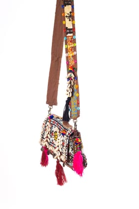 Handmade Embroidered Mini Sling Bag with Tassels, Boho Chic Small Shoulder Bag