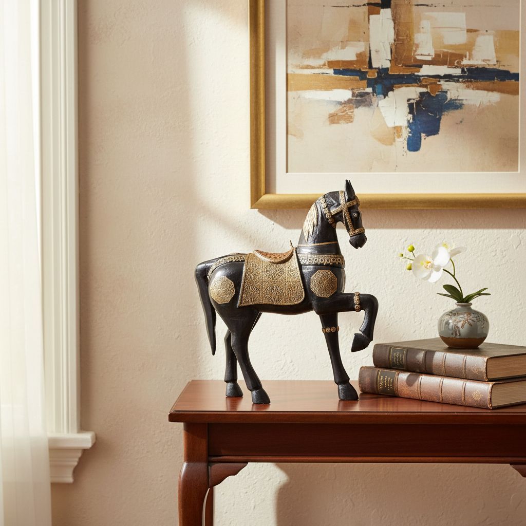 Black Colored Coated, Designed Brass Fitted Antique Wooden Furniture Horse