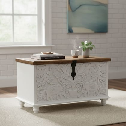 Wooden Carved Trunk Box Side Coffee Table