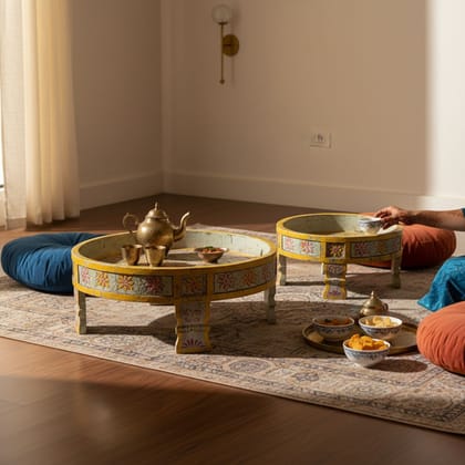 Wooden Beautiful Round Chakki Table, Home Decors Handicraft Coffee Table In Set Of Two, Bedroom Decors Nightstand Table, Beautiful Decorative Table