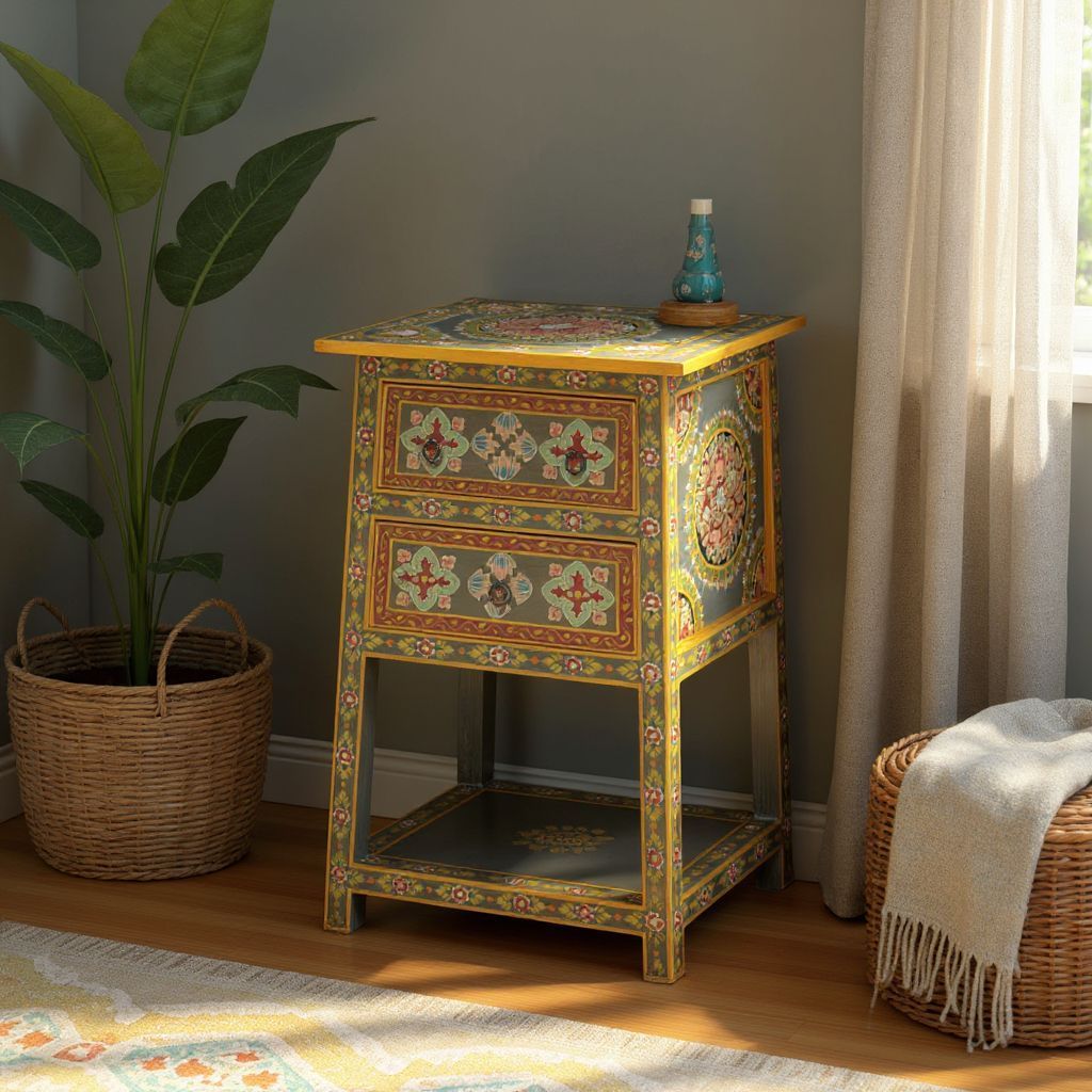 Wooden Handpainted Bedside With Desk Drawer Side