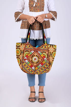 Handwork Rajasthani Embroidered Boho Tote Cross Body Bag, Multicolour For Women
