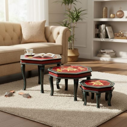 Beautiful Rajputi Culture Painted Wooden Chowki Set of 3