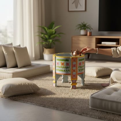 Wooden Painted Table | Handicraft Carved Chakki Table