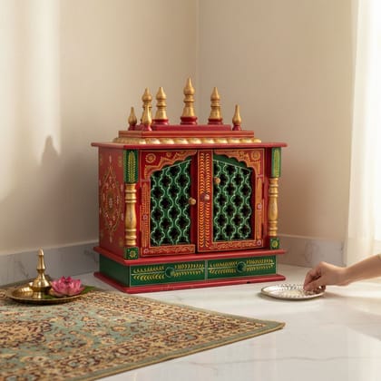 Handicraft Wall-Temple, Fine-Art Painted Pooja-Mandir, Home Living Wooden Temple