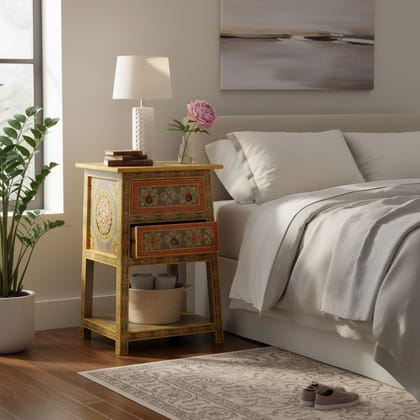 Wooden Handpainted Bedside With Desk Drawer Side