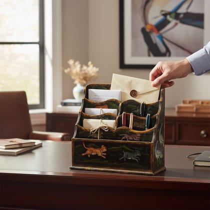 Wood Antique Hand Painted Animal Letter Stand/Home and Office Letter Holder/Indian Painted Letter Box Rack/Mail Letter Holder Stand Self