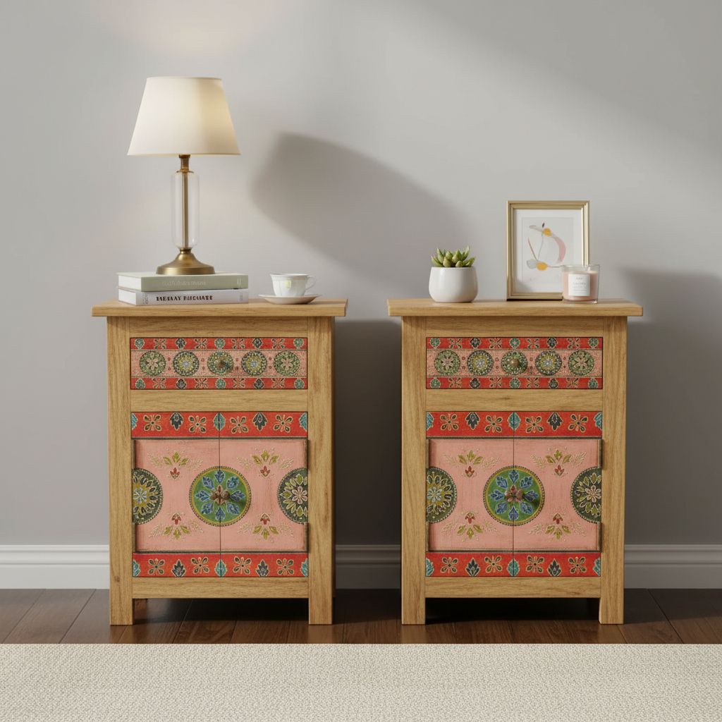 Hand Painted Desk Bedside Table | Hand Painted Nightstand Setof2