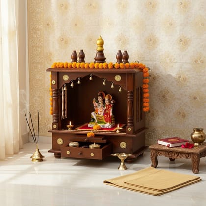 Wooden Beautiful Natural Polished Home Temple-Wall Mount Handicraft Temple, Hindu Religious Pooja Mandir