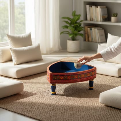 Solid Wood Chakki Table Fine-Art Painted | Wooden Grinder Table