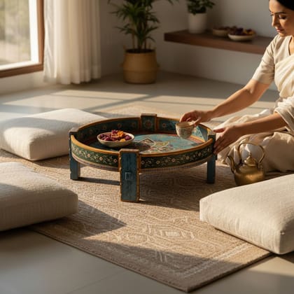 BAANMATA INTERNATIONAL Drawing-Room Decors Rajasthani-Art Painted Round Coffee-Table,Wooden Carved Grinder-Table,Multipurpose Chakki-Table for Home/Office