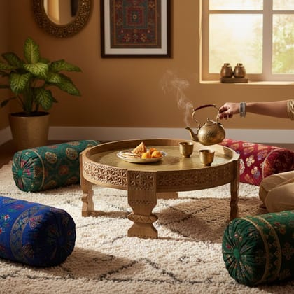 BAANMATA INTERNATIONAL Drawing-Room Decors Brass Embossed Handicraft Round Coffee Table Cum Gathering-Table,Wooden Carved Lamp-Table,Multipurpose Showpiece Chakki-Table for Home/Office