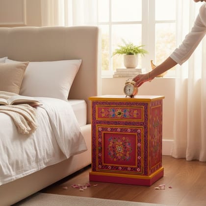 Handicraft Painted Bedside Table, Bedroom Decors Wooden Lamp-Table, Home Living Drawer-Cupboard