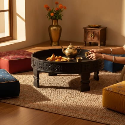 BAANMATA INTERNATIONAL Drawing-Room Decors Round Coffee-Table,Wooden Carved Grinder-Table Cum Moon-Table,Home Living Multipurpose Chakki-Table