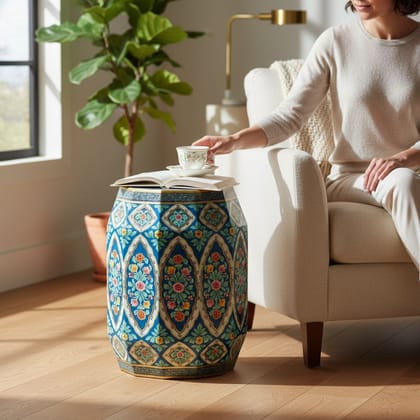 Solid Wood Floral Painted Side Table Nightstand