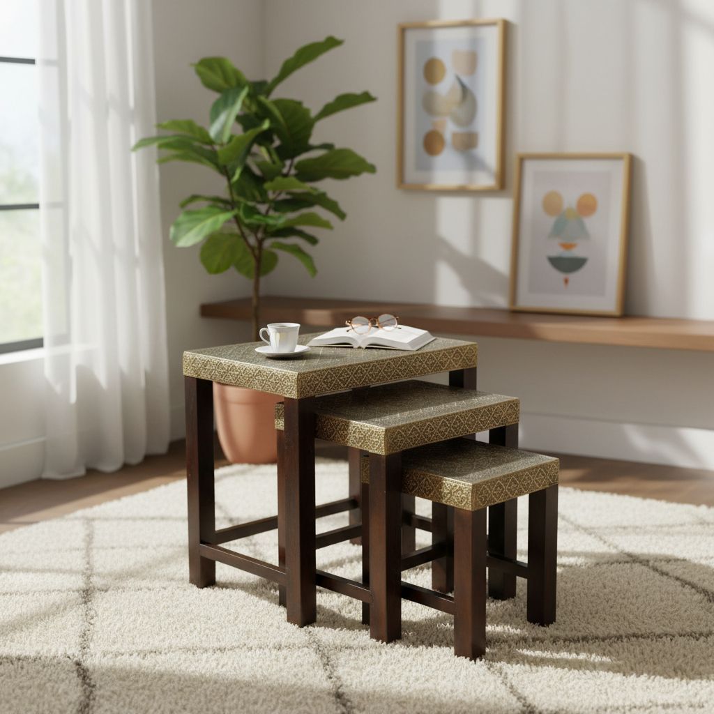 Wooden Brown Stool Set of 3 | Bedside Home Decor Furniture