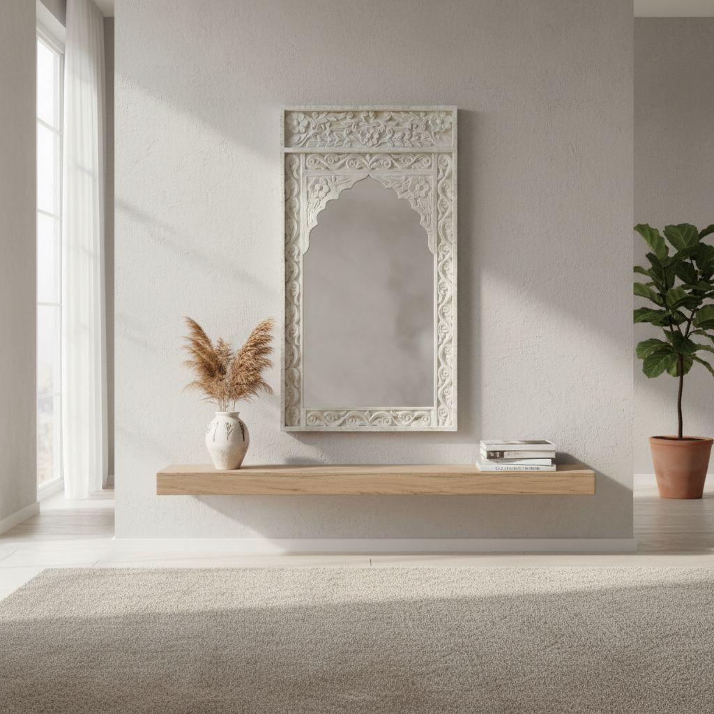 Ornate Carved White Arched Mirror