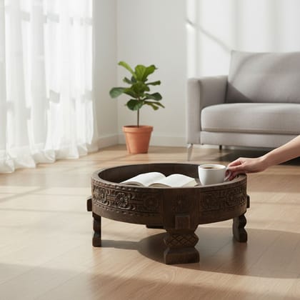 BAANMATA INTERNATIONAL Handicraft Round Coffee-Table Cum Fruits Storage-Bowl,Wooden Carved Moon Table,Home-Living Multipurpose Showpiece Chakki-Table