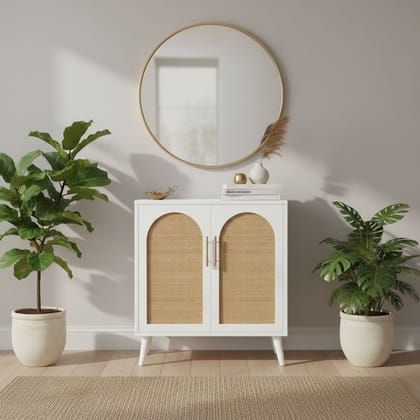 Wooden Mango Wood Cane White Cabinet
