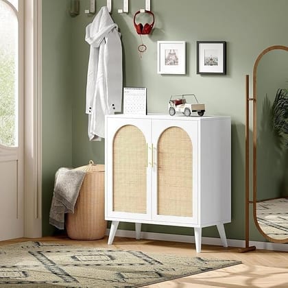 Wooden Mango Wood Cane White Cabinet