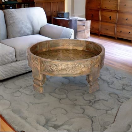Antique Wooden Round Cutting Metal Brass Chakki Table | Unique Solid Wooden Coffee Table