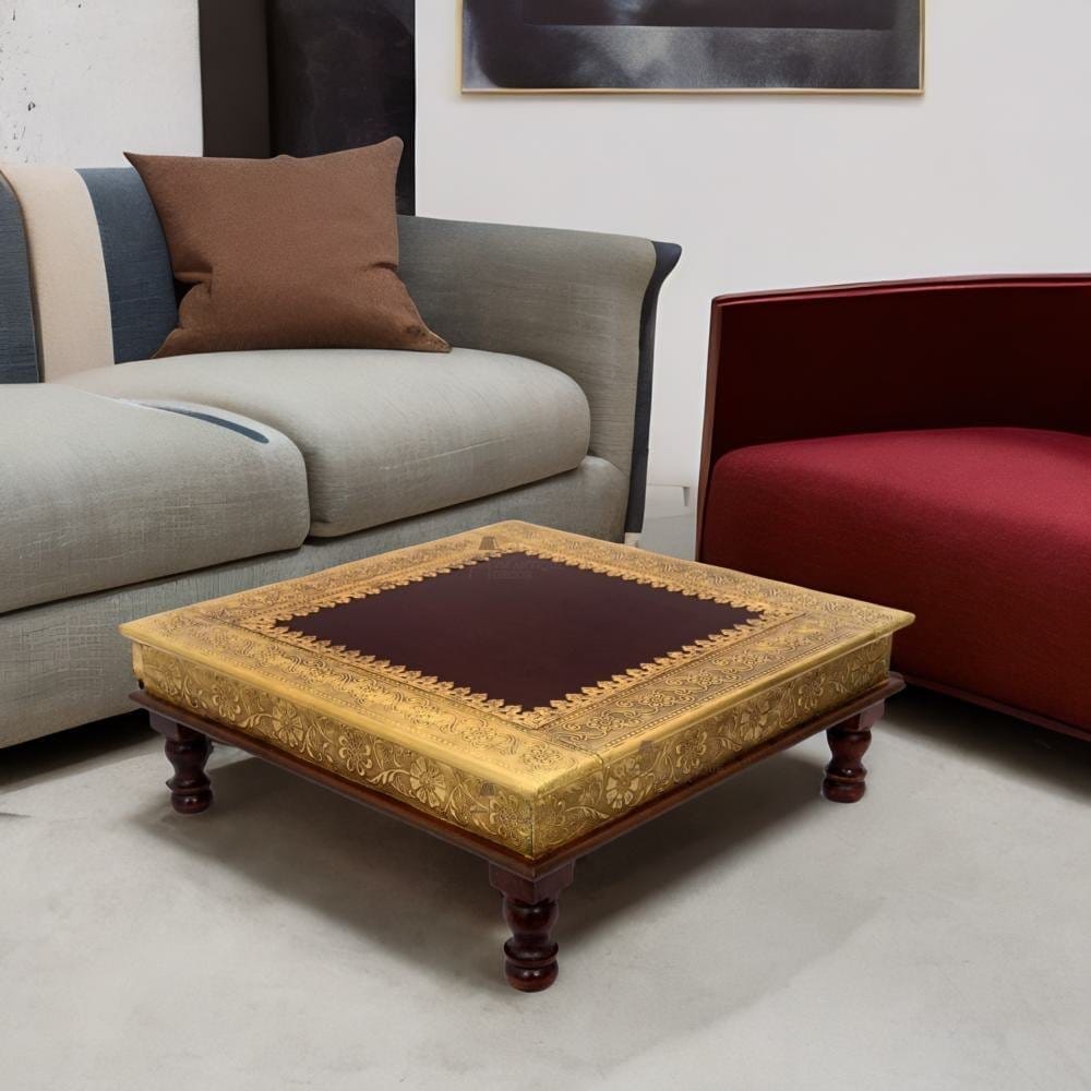 Wooden Beautiful Handmade Brass Indian Bajot for Pooja | Chowki Table For Home Decor Furniture