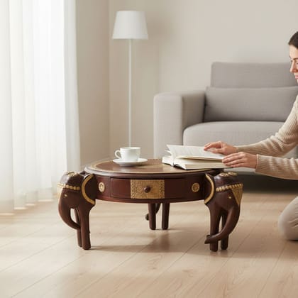 Wood Brass Elephant Side Chowki Table Desk-Side Desk Table