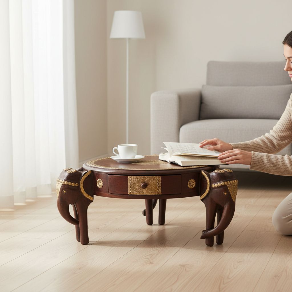 Wood Brass Elephant Side Chowki Table Desk-Side Desk Table