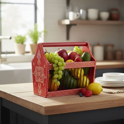 Wooden Hand painted Indian Basket Plate Dish Fruits Vegetable Rack Kitchen Décor