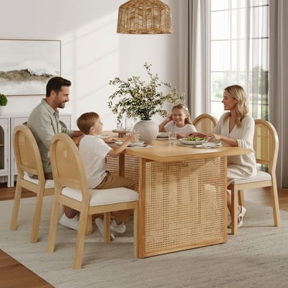 Wooden Rattan & Boucle Dining Set