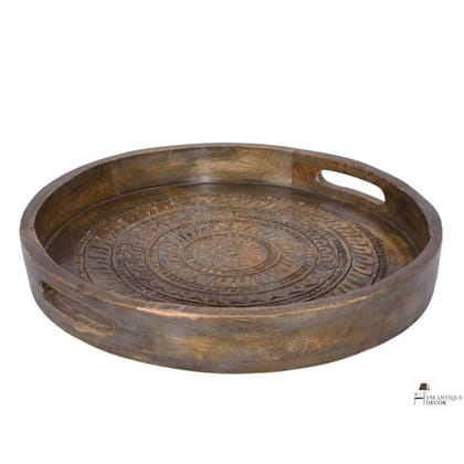 Wood Carved Round Gray Serving Tray