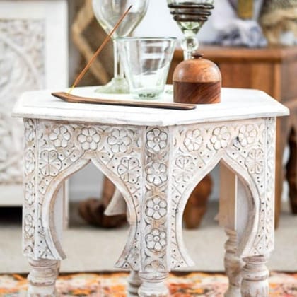 Wooden Side Carved Coffee Table-Central Table, Wooden Star Hexagon Shape Home Decor Table