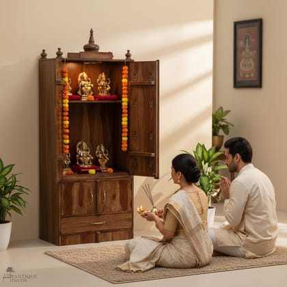 Wooden Temple Pooja Mandir Decor With Cabinet