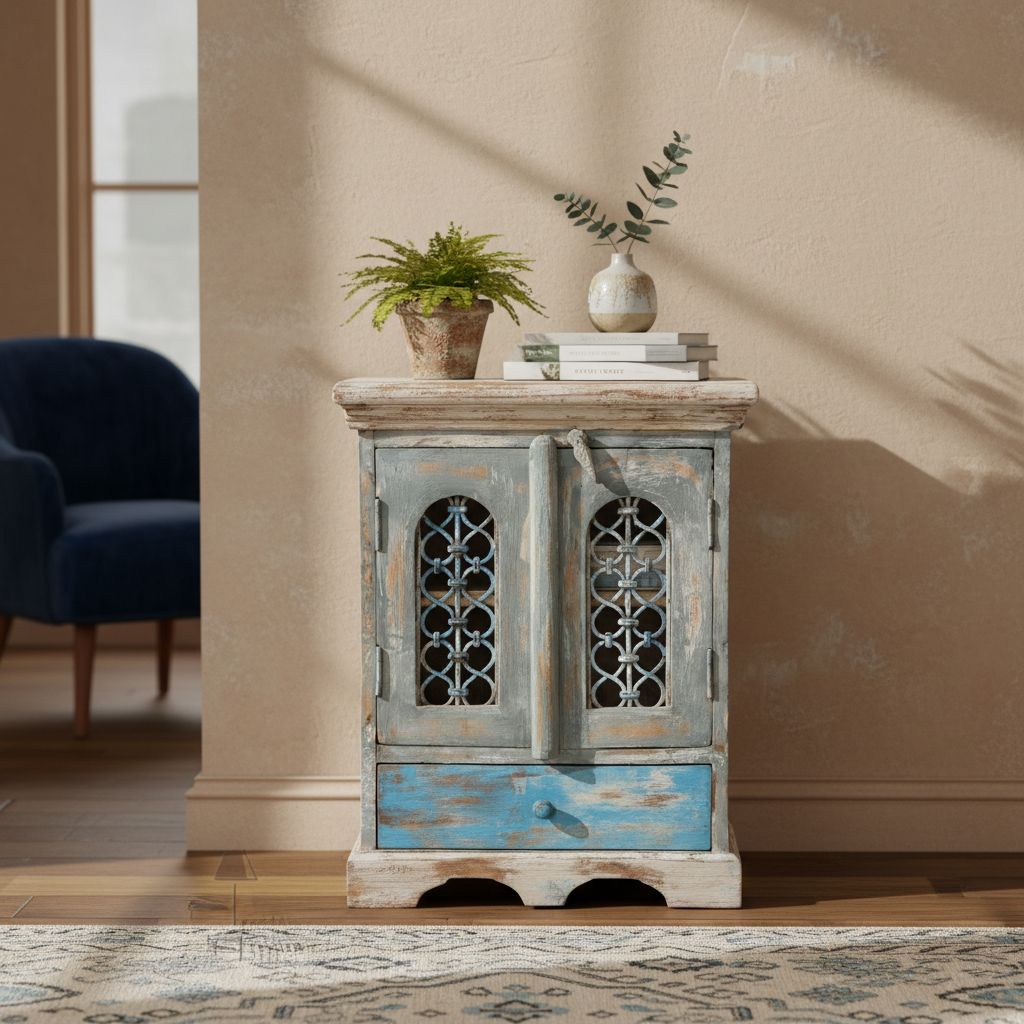 Wood Antique Distressed Side Cabinet Drawer Desk