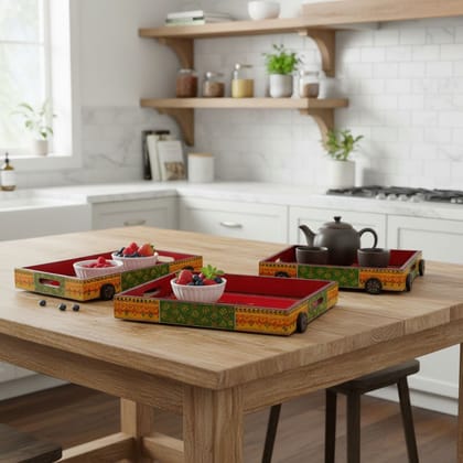 Handicraft Kitchen Decor Tray, Wooden Painted Hospitality Tray in Set of 3,Tea-Coffee-Breakfast Offer Tray, Gift-Tray for Special Occasions