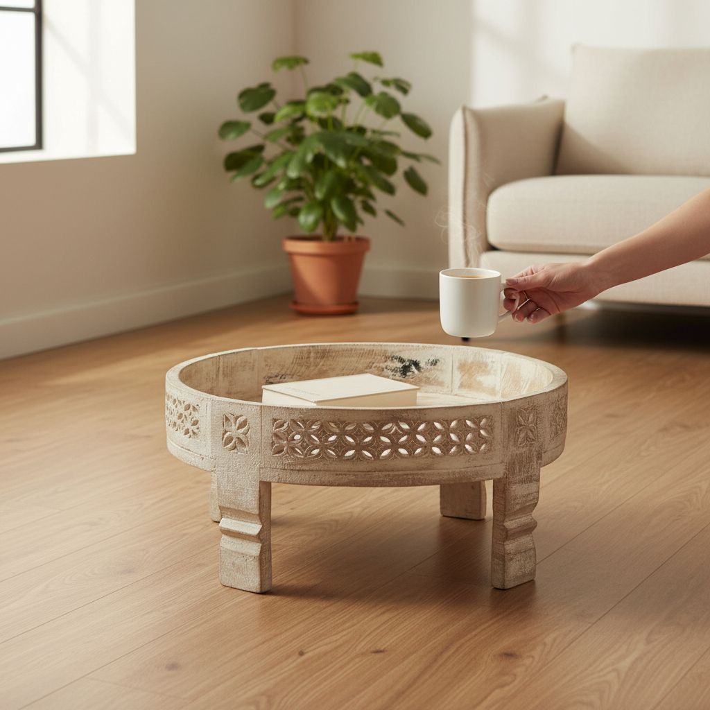 Wood Indian Antique White Wash | Unique Carved Round Wooden Coffee Table